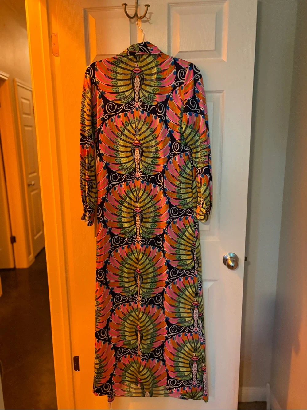 Vintage and Vibrant Multicolor Maxi Dress with Peacock Fan Print - Picture 3 of 4